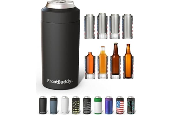 Best Amazon Buy Under: Frost Buddy Universal Can Cooler - Fits All - For Regular 12 & 16 oz or Slim-Size Bottles - Insulated Double-Walled Stainless Steel (MatteBlack)