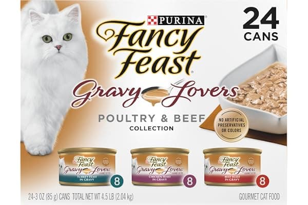 Purina Fancy Feast Gravy Lovers, Poultry & Beef Wet Cat Food, 3oz, 24-Pack | Variety Pack, grilled gourmet texture made with no artificial colors or preservatives, 100 percent complete and balanced