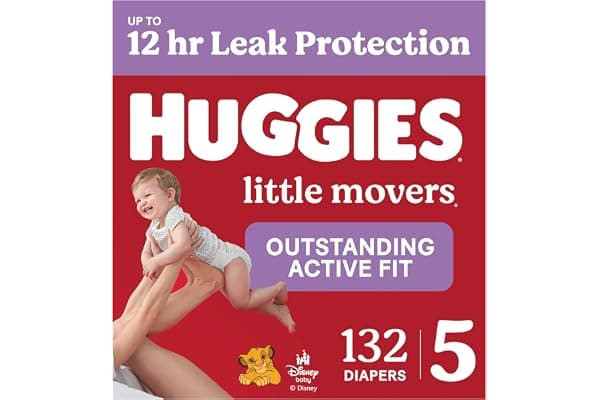 Huggies Little Movers Diapers Size 5, 132 Count (2 Packs of 66) | Double Grip Strips, Blowout Protection, Secure Flexible Fit, Up to 12-Hour Protection, Dry Touch Liner, Wetness Indicator
