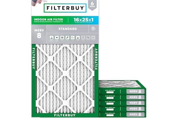 Filterbuy 16x25x1 Air Filter MERV 8 Dust & Allergy Defense (6-Pack) | Electrostatic Pleated HVAC AC Furnace Filters Replacement, Made in USA (Actual Size: 15.50 x 24.50 x 0.75)