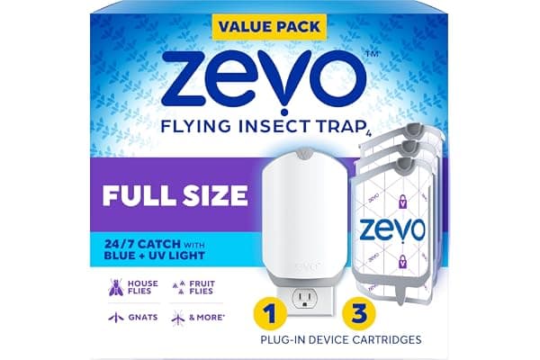 We Are Obsessed With This: Zevo Flying Insect Trap - Plug-in Indoor Fly Trap and Bug Light Trap Refill with Blue and UV Light - No-Mess Cartridge for House Flies, Fruit Fly Trap and Gnats (1 Plug-in Base and 3 Cartridges)
