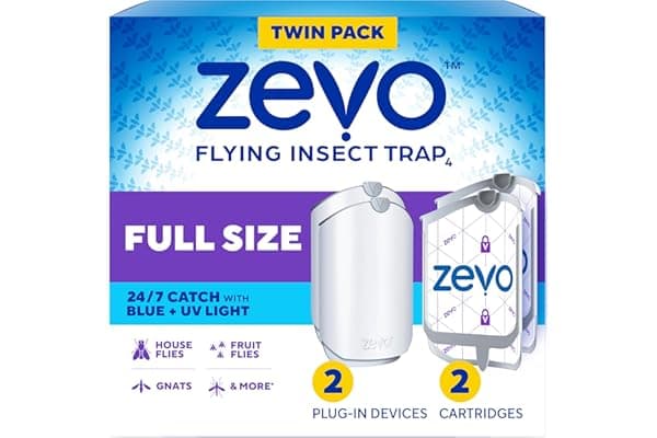 Zevo Flying Insect Traps - Plug-in Indoor Fly Trap and Bug Light Trap Refill with Blue and UV Light - No-Mess Cartridge for House Flies, Fruit Fly Trap and Gnats (2 Plug-in Bases and 2 Cartridges)