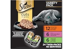 Sheba Perfect Portions Wet Cat Food Cuts in Gravy, Cat Food Wet Recipe, Roasted Chicken Entree, with Sustainable Salmon, Tender Turkey Entree, 2.6 oz. Twin-Pack Trays (24 Count, 48 Servings)