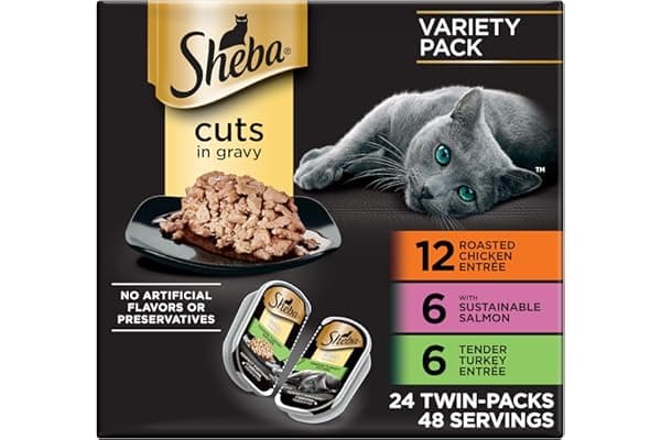 Sheba Perfect Portions Cuts Wet Cat Food, Multipack, 2.6 oz, 24 ct | Grain-free, Chicken, Salmon & Turkey flavors, protein-rich, no corn or soy, essential vitamins & minerals, twin-pack trays