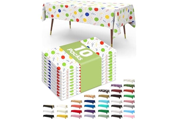 Pureegg Plastic Table Cloth Disposable 10 Pack, 54 x 108 Inch Table Cloths, Birthday Party Decorations, Picnic, White Tablecloths, Rectangle, Colorful, Rainbow Cover, Leakproof & Sturdy, Balloon