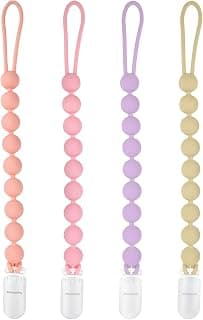 Silicone Pacifier Clip Holder, 4 Pack One Piece Soft Flexible Binky Clips | Pacifier Holder Clip for Girls, Baby Girl Newborn Essentials