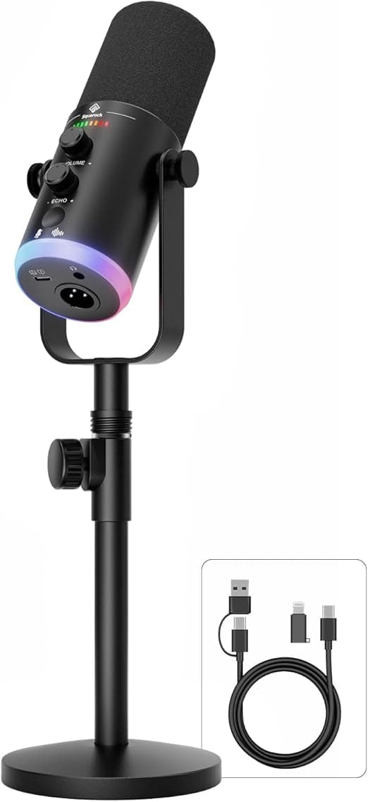 _SKIP_USB/XLR Dynamic Podcast Microphone with RGB Lighting, PC Gaming Streaming Mic with Mute Button, Headphone Jack and Desktop Stand TX2