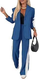 Womens Two Piece Outfits Striped Side Button Blazer and Pants with Pockets Sets Business Casual Pant Suits Set