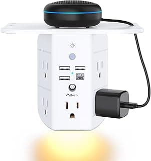 Mifaso Outlet Extender with Shelf and Night Light, 1800J Surge Protector | 5 Wide Outlet Splitter & 4 USB Ports Wall Charger, Multi Plug Wall Outlet Expander, Power Strip Plug Adapter for Home/Dorm/RV