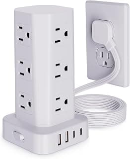 Power Strip Tower Surge Protector, 10FT Flat Plug Extension Cord with Multiple Outlets, 12 AC Outlets 4 USB (2 USB C), Desktop Charging Station with Surge Protection for Home Office Dorm Room, White