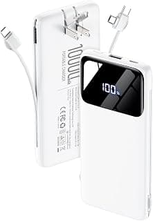 Portable Charger 10000mAh Power Bank with Built-in Cables and Wall Plug | Slim Fast Charging USB-C Battery Pack, LED Display Travel Essential Portable Phone Charger for Cell Phones(Cream)