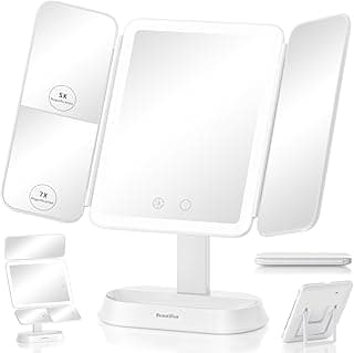 Trifold Makeup Mirror with Lights, 7X/5X/1X Magnification Vanity Mirror | 3 Dimmable LED Light, 360° Rotation Smart Touch, Rechargeable, Detachable, Portable Trifold Mirror for Travel, Gift for Women