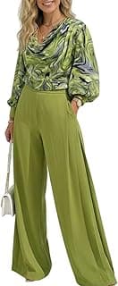 Women's 2 Pieces Outfit Abstract Print Cowl Neck Lantern Sleeve Crop Top and Wide Leg Pants Set