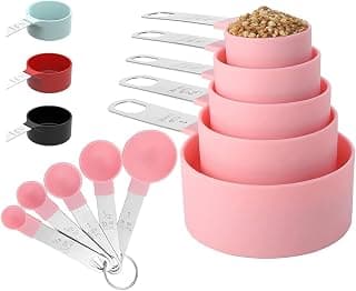 10Pcs Measuring Cups & Spoons Set, Stackable Cups and Spoons, Nesting Measure Cups with Stainless Steel Handle, Kitchen Gadgets for Cooking & Baking (Pink)