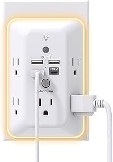 Surge Protector, Outlet Extender with Night Light, Addtam 5-Outlet Splitter and 4 USB Ports(1 USB C), Multi Plug Wall Outlet for Home Office Dorm Room Essentials