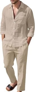 2026 Spring Outfits 2 Piece for Men Lapel Button-Down Long Sleeve Shirts and Loungewear Pant Matching Set Beach Vacation Sets