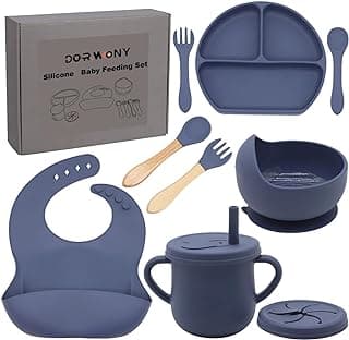 100% Silicone Baby Feeding Set, BPA Free Baby Dishes with Suction Bowl, Divided Plate, Toddler Self Feeding Dish Set with Spoons, Forks, Sippy Cup and Bib, Baby Eating Utensils (Navy Blue)