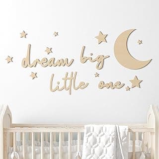 Briwooody 15 Pcs Dream Big Little One Moon Stars Nursery Decor,Wood Color | Wooden Wall Art for Boys Girls Bedroom, Boho Baby Room, Moon Cutout with Star Shapes, Dream Big Little One Quote Sign Decor
