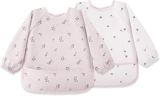Susurration Baby Long Sleeve Bib Waterproof Sleeved Bib Smock for Baby | 2 Pack Baby Reusable Feeding bibs, 6-36 Months Baby Feeding Essentials - Pink Flower