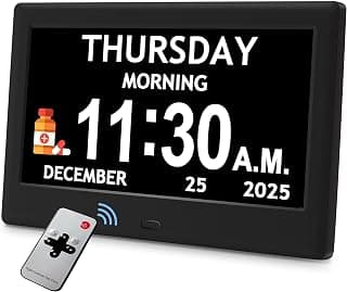 7'' Dementia Clocks for Seniors, Large Display Digital Clock with Date Time | Easy to Read and Setup, Alarm Clocks for Bedrooms, 10 Reminders & 6 Alarms, Auto DST, Alzheimer Elderly Seniors Gifts, Black