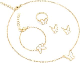 4 Piece Butterfly Jewelry Set for Women, Elegant Gold Plated Necklace Earrings Bracelet Ring Set, Luxe Bridal Wedding Party Prom Jewelry Gifts for Her