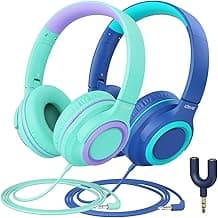 iClever HS22 2-Pack Kids Headphones with Sharing Splitter for School Travel | SafeSound Tech3.0, Share Audio, Tangle-Free, 3.5mm Jack, Foldable, Stereo Sound, Wired Headphones for Kids, Green & Blue