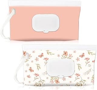 FEBSNOW 2 Pack Baby Wipes Dispenser Holder, Portable Refillable Baby Wet Wipes Pouch Container Reusable Travel Case for Outdoor Hiking, Pink Flower