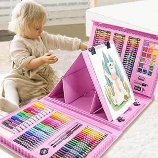 208 PCS Art Supplies Drawing Art Kit Adults for Kids Art Set,Pink | with Double Sided Trifold Easel, Oil Pastels, Crayons, Colored Pencils, Watercolor Pens Gift for Girls Boys Artist
