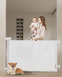 Miumoon 59 inch Retractable Baby Gates 34 inch Tall, Retractable Gate with Reinforced Strip Design to Prevent Crawling Through, 5 FT Retractable Dog Gate for Stairs, Doorways, Hallways, Indoor/Outdoor