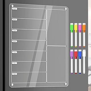 Acrylic Meal Planner Weekly Calendar Menu Board for Kitchen, w/ 8 Markers | Clear Weekly Fridge Calendar Planning Note Board Dry Erase to Do/Grocery/Shopping List/Chore Chart, 12.8x9’’