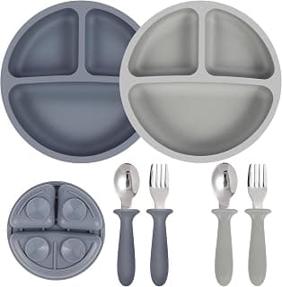 Eascrozn 2 Pack Silicone Suction Plates for Baby, Forks and Spoons Set | Toddler Utensils, Divided, BPA Free, Baby Led Weaning Feeding Supplies, Microwave and Dishwasher Safe