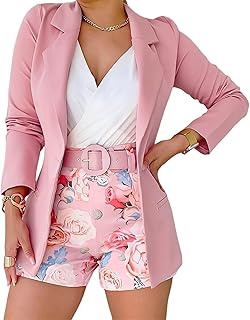 Womens 2 Piece Blazer Set Open Front Blazer Coat with Floral Print Shorts Summer Suits Set With Belt