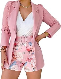 Womens 2 Piece Blazer Set Open Front Blazer Coat with Floral Print Shorts Summer Suits Set With Belt