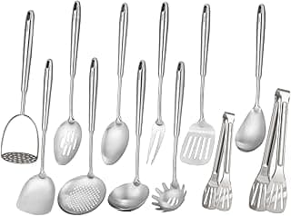 18/10 Stainless Steel Kitchen Utensils Set - 12 PCS All Metal Cooking Tools & 15″ Serving Utensils - Potato Masher, Meat Fork, Tongs, Turner, Pasta, Serving Spoon, Skimmer, Ladle, Spatula Spoon Set