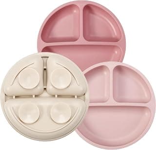 PandaEar 3 Pack Toddler Plates, Silicone Divided Suction Plate for Babies, BPA-Free 100% Food-Grade Silicone Unbreakable Baby Plate (Pink/Linen/Light Pink)