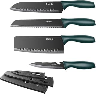 Dsmile 4 PCS Kitchen Knife Set,Black Stainless Steel Knives with Knife Covers,Non-Stick Coated Stainless Steel Blades for Cutting,Slicing & Dicing