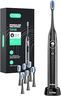 Oralflipp Sonic Electric Toothbrush - Smart LED Display & Visual Pressure Sensor, 40,000 VPM Power Toothbrush with 5 Modes, 6 Brush Heads & Inductive Charging Base, 6 Brush Heads,Black