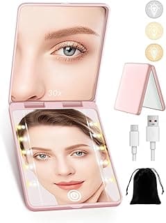 Compact Mirror, Rechargeable Magnifying Makeup Mirror with Light 30X Pink | 3 Lighting Modes & Dimmable Brightness, Essentials for Travel, Pocket, Purse, Handheld, Small, Travel Pouch, Tweezers 750mAh