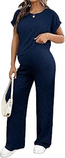 BLENCOT Maternity Clothes Ribbed Short Sleeve Maternity Pajamas Sets Sleepwear Lounge 2 Piece Matching Outfits Set