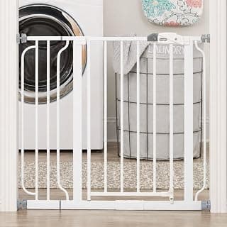 We Are Obsessed With This: Regalo Safety 29"-38.5" Easy Step Baby Gate, Bottom of Stairs & Doorways | Pressure Mounted with Door, For Babies, Toddlers & Pets, White, Tested & Trusted for 30 Years