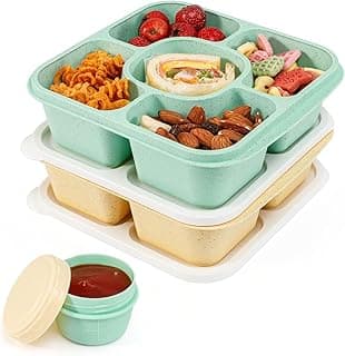 Original Lunchable Snack Containers - 5 Compartments Bento Snack Boxes with 1 Leakproof Small Containers, Wheat Straw, BPA-Free, Set of 2 (Green+Yellow)