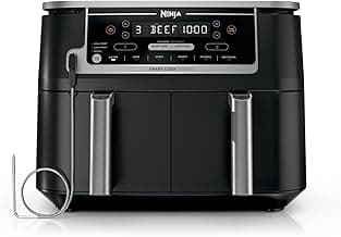 Ninja DZ550 Foodi 10 Quart 6-in-1 DualZone Smart XL Air Fryer with 2 Independent Baskets, Smart Cook Thermometer for Perfect Doneness, Match Cook and Smart Finish to Roast, Dehydrate and More, Black