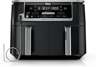 Ninja DZ550 Foodi 10 Quart 6-in-1 DualZone Smart XL Air Fryer with 2 Independent Baskets, Smart Cook Thermometer for Perfect Doneness, Match Cook and Smart Finish to Roast, Dehydrate and More, Black