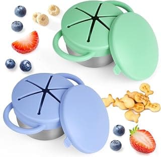 2 Pack Snack Cups for Toddlers Spill Proof - Detachable Stainless Steel Toddler Snack Cups with Silicone Lids & Handles - Dishwasher Safe Snack Container for Mess-Free Snacking(Blue-purple and Green)