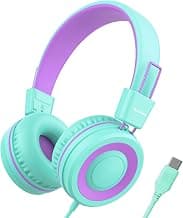 Bywulanda Upgrade USB Type C Kids Headphone for School, 94dB Safe Volume Limited, HD Stereo Sound, Foldable Lightweight On-Ear Headphones for Boys/Girls/Students/Tablet/Travel(Mint Green)