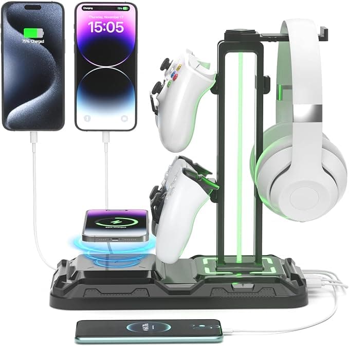 Price Drop: KDD Headphone & Controller Stand with Wireless Charging - Rotatable Headset Stand with 9 Light Modes - Controller Holder with 2 USB and Type C Ports - for Gamers Desktop Accessories