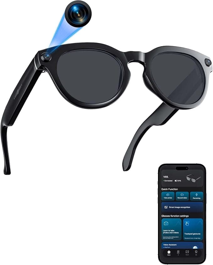 AI Smart Glasses with 8MP Camera, Continuous 12-Min 1200P Video Recording, Real-Time Translation & Voice Assistant, Open-Ear Bluetooth Audio for Vlogging, Travel & Meetings