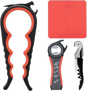 Jar Opener & Bottle Opener for Seniors with Arthritis, Weak Hands, 4-Pieces | Multi-use Lid Opener Set with Non-slip Rubber Gripper Pad & Wine Opener, Great for Senior Parents, Grandparents or Loved Ones