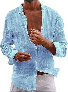 Mens Fall Fashion 2026 Casual Cotton Linen Shirt Buttons Down Solid Plain Roll-Up Sleeve Summer Beach Shirts Outfits