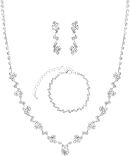 Women Jewelry Set Silver Necklace Earrings Bracelet Rhinestone Crystal Bridal Wedding Jewelry Sets for Brides Bridesmaid Wedding Party